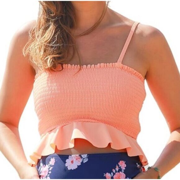 SUMMER MAE Womens M Ruffled Smocked Bandeau Maternity Swimsuit Top Orange NEW - Picture 7 of 7